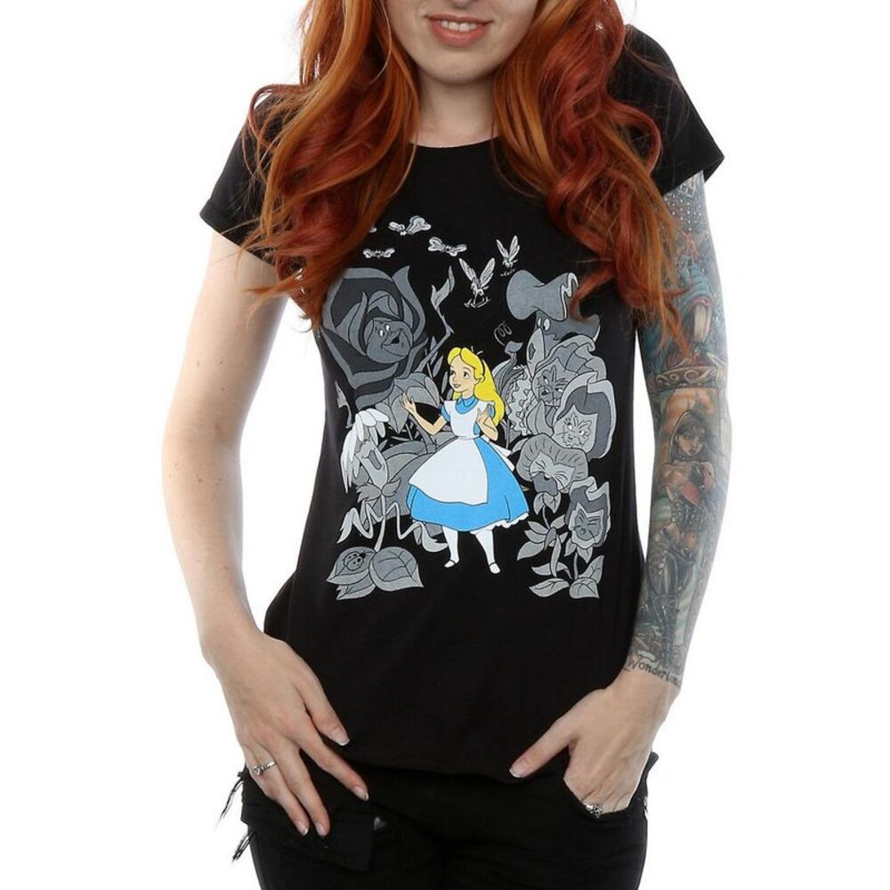Alice In Wonderland Womens/Ladies Flowers Cotton T-Shirt / Black